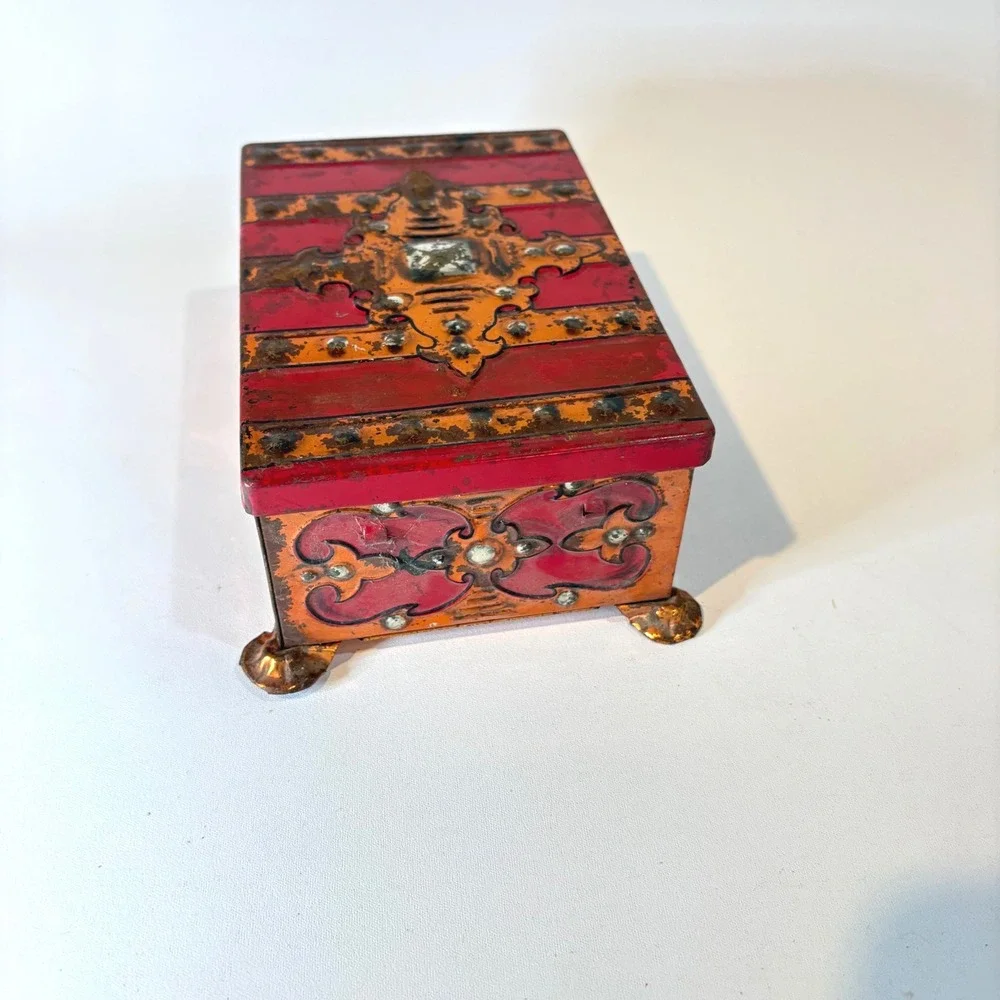 Vintage Fricke & Nacke Western Germany Tin Jewelry Box Red Orange Striped Casket